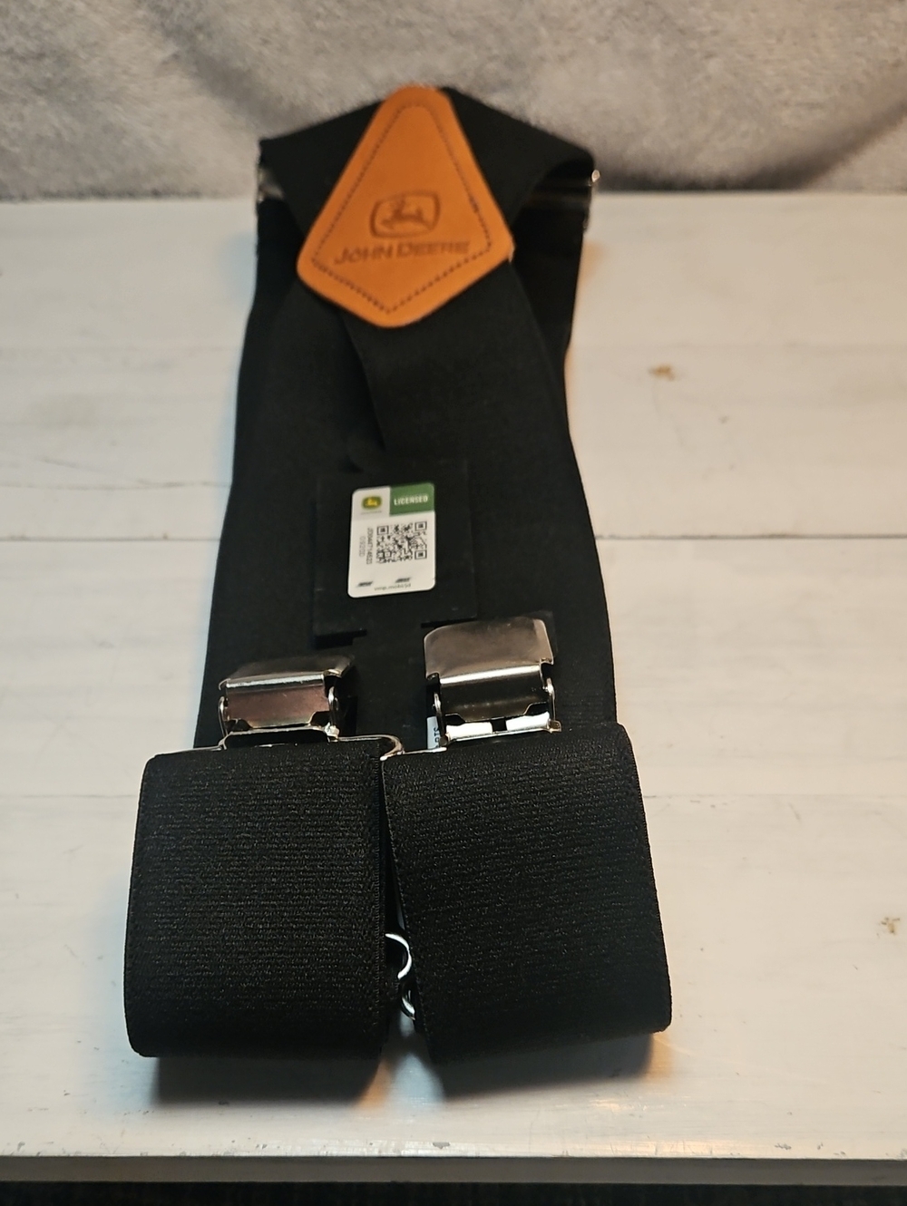 John Deere Black Suspenders with Tan Leather Patch